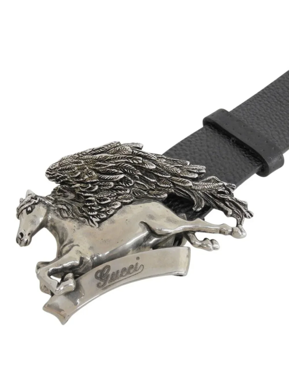 Gucci Pegasus Buckle Leather Belt Black Silver